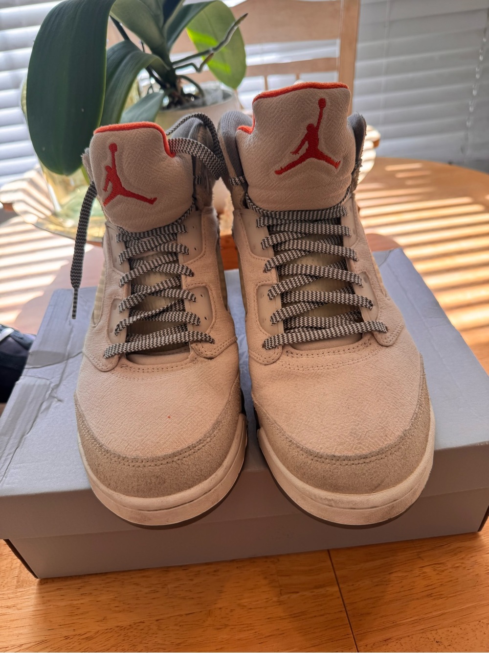 Jordan Mid High Suede Sneakers in Cream and Red Accents